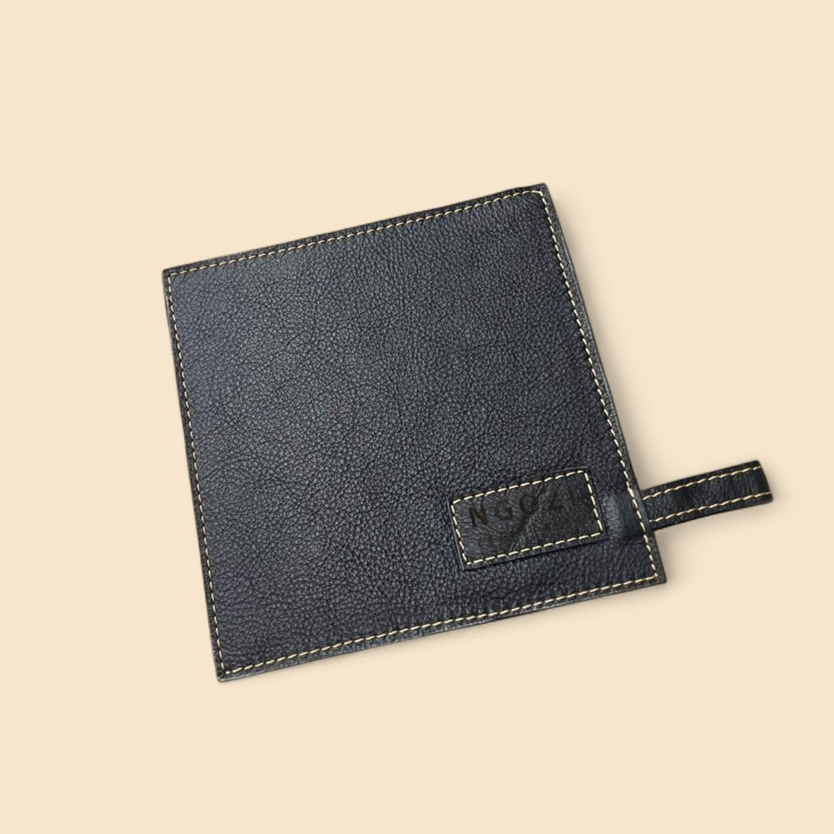 Ngozi Collection black leather pot holder with hanging tab