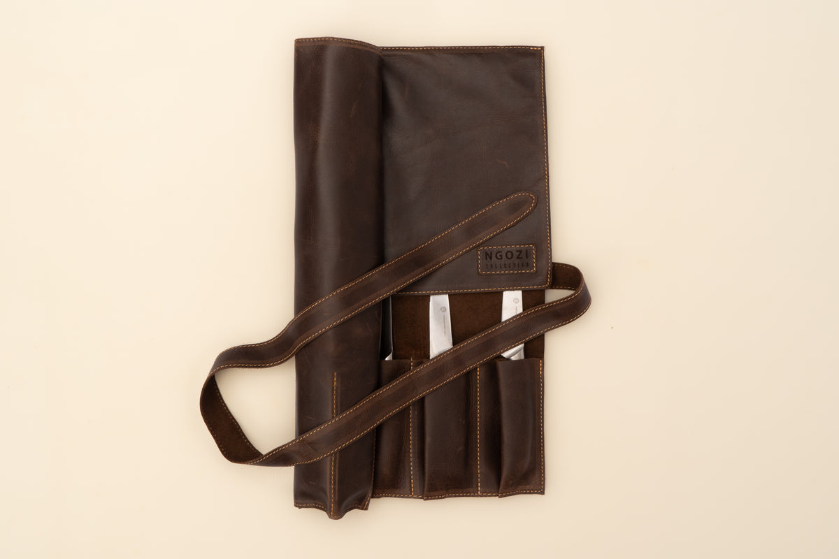 Ngozi Collection chocolate leather knife roll rolled and tied closed