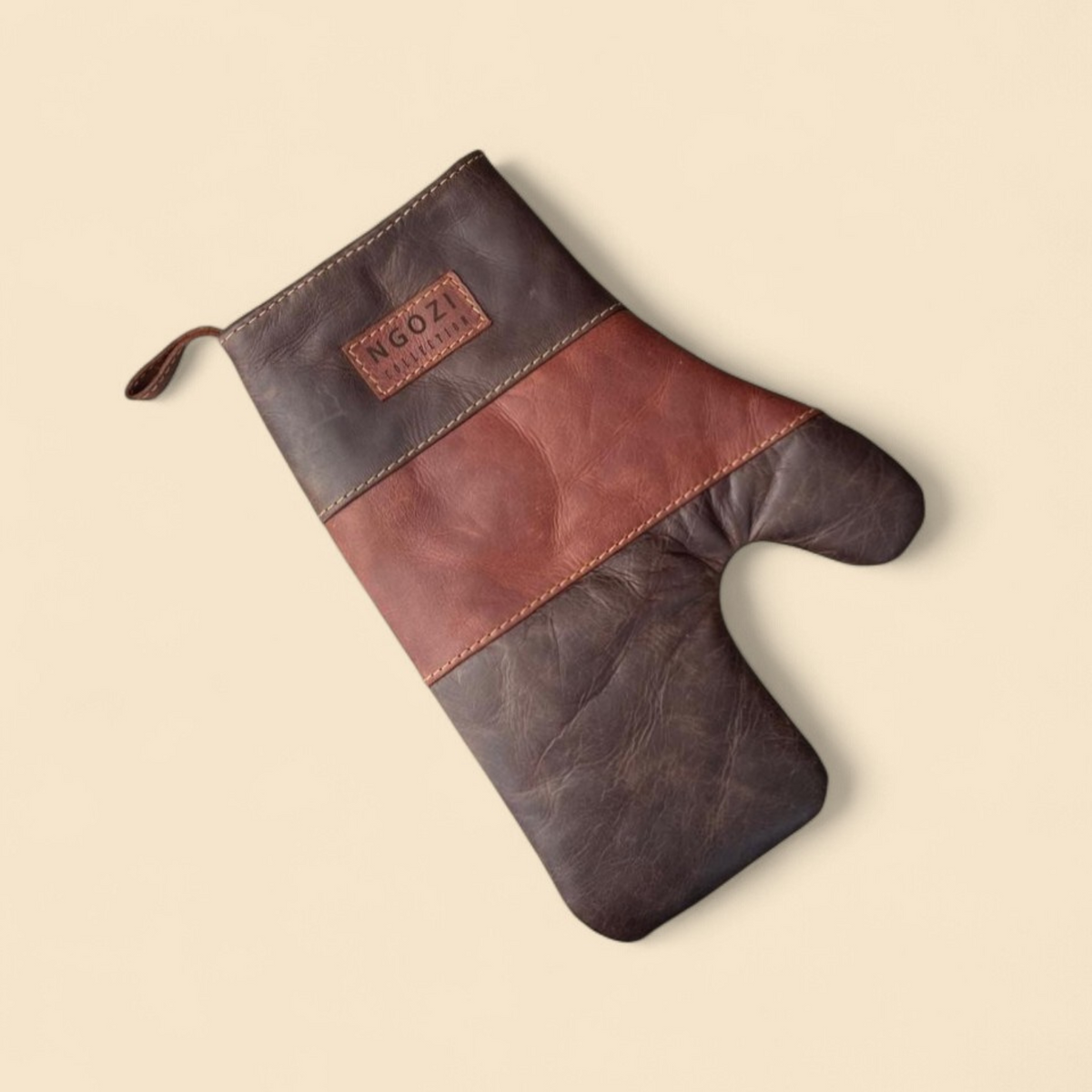 Ngozi Collection chocolate leather oven mitt with hanging loop