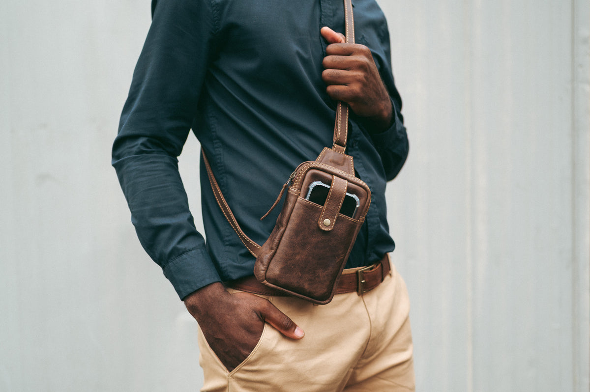 Ngozi Collection chocolate leather cellphone satchel worn crossbody
