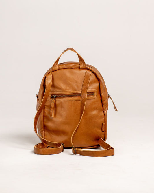 Ngozi Collection tan leather backpack showing adjustable straps and back zip pocket