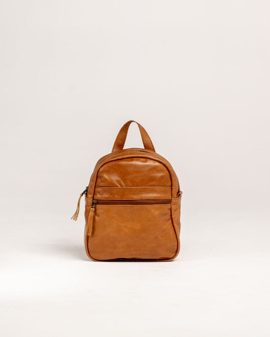 Ngozi Collection tan leather small backpack with front zip pocket