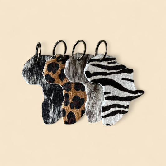 Ngozi Collection Africa-shaped leather keyrings in four animal print finishes