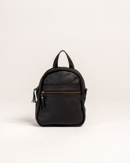 Ngozi Collection black leather small backpack with front zip pocket