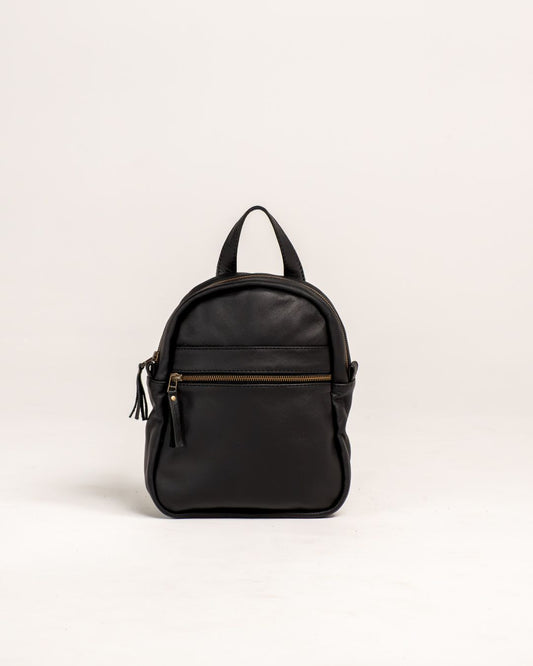 Ngozi Collection black leather small backpack with front zip pocket
