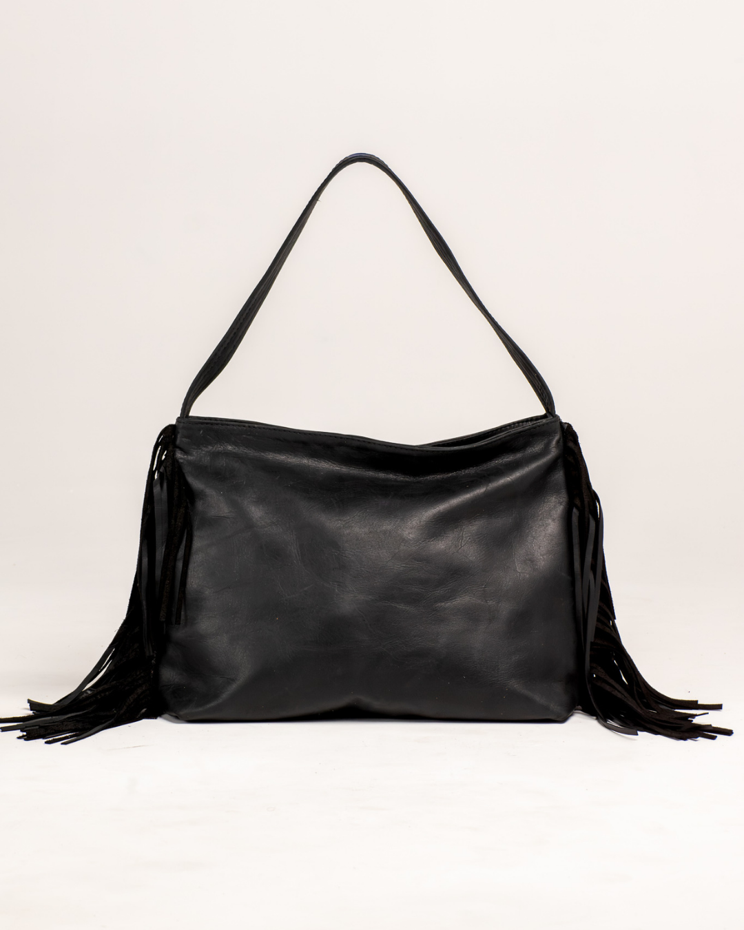 Ngozi Collection black leather fringe Ibiza bag