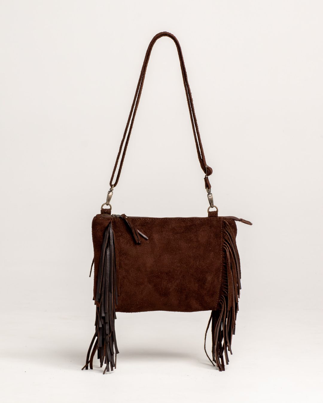 Ngozi Collection brown suede fringe sling bag