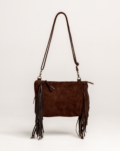 Ngozi Collection brown suede fringe sling bag
