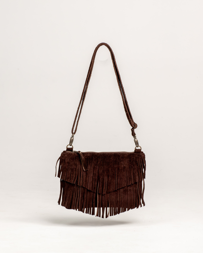 Ngozi Collection brown suede fringe Tahiti sling bag