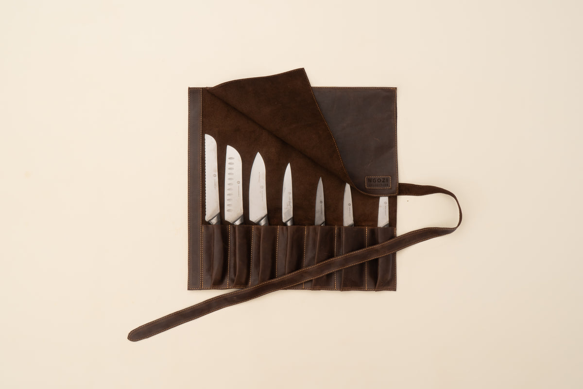 Ngozi Collection chocolate leather knife roll open with knives in slots