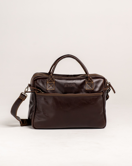 Ngozi Collection chocolate leather laptop bag with top handles and shoulder strap