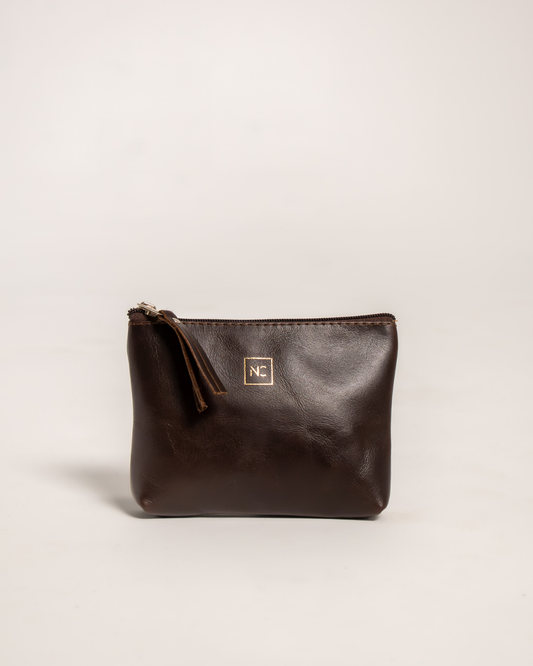 Ngozi Collection chocolate leather pouch with zipper pull and tassle