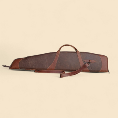 Ngozi Collection chocolate leather rifle bag closed, full length
