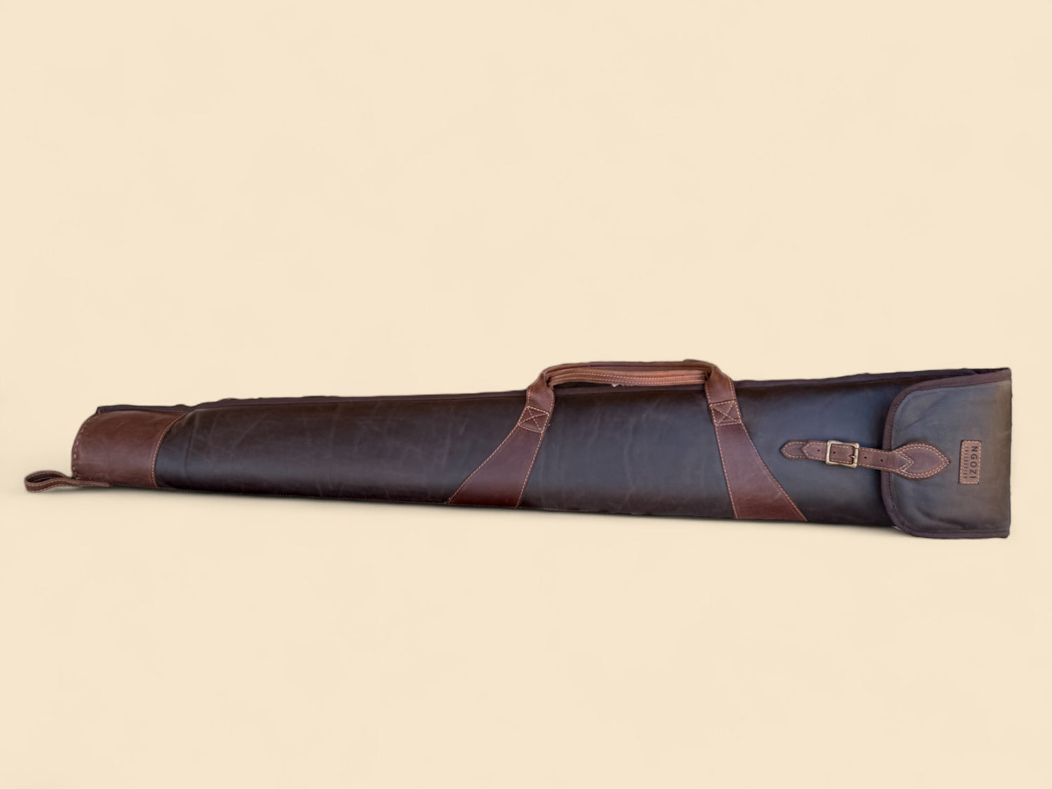 Ngozi Collection two-tone chocolate leather shotgun sleeve with buckle flap