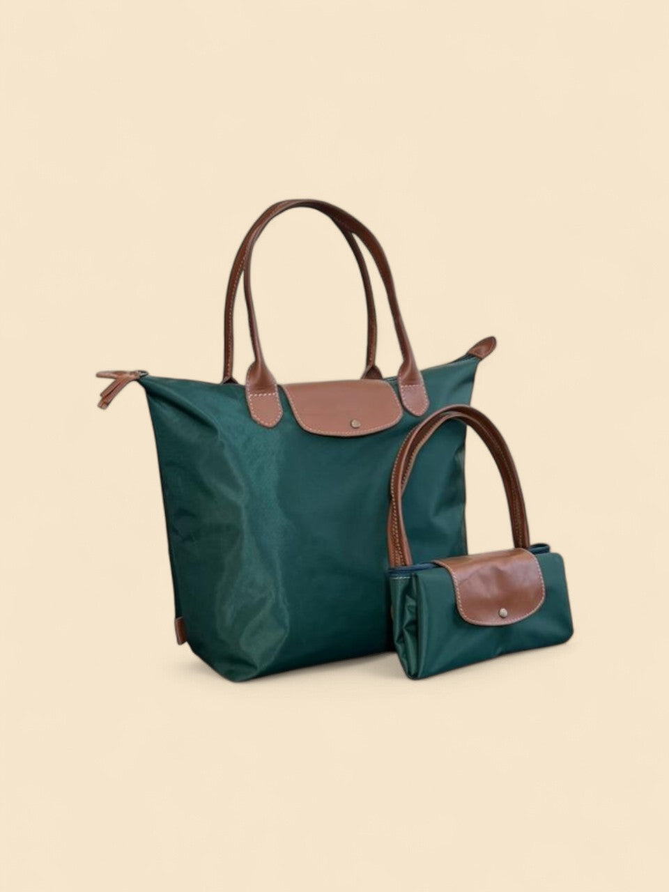 Ngozi Collection green nylon foldable shopper tote shown folded and open