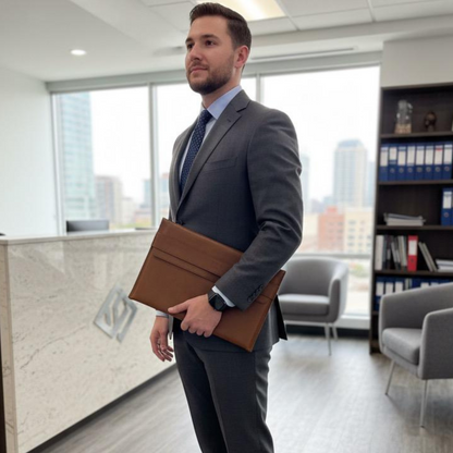 Man carrying Ngozi Collection chocolate leather laptop sleeve