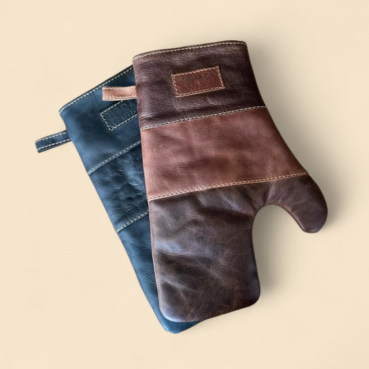 Ngozi Collection leather oven mitts in chocolate and black