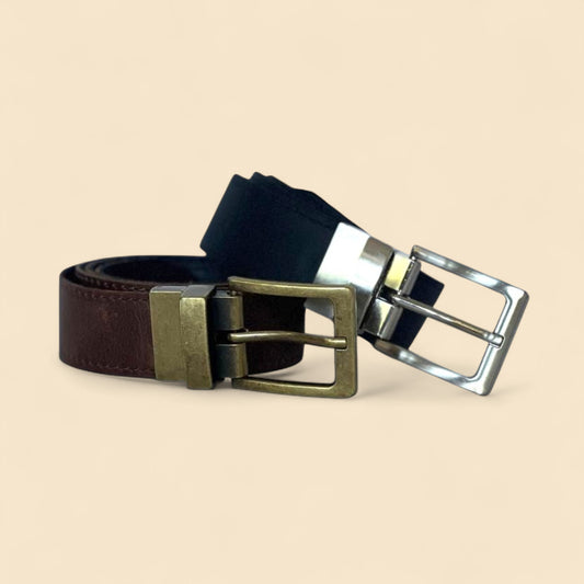 Ngozi Collection men's reversible leather belts, black and chocolate