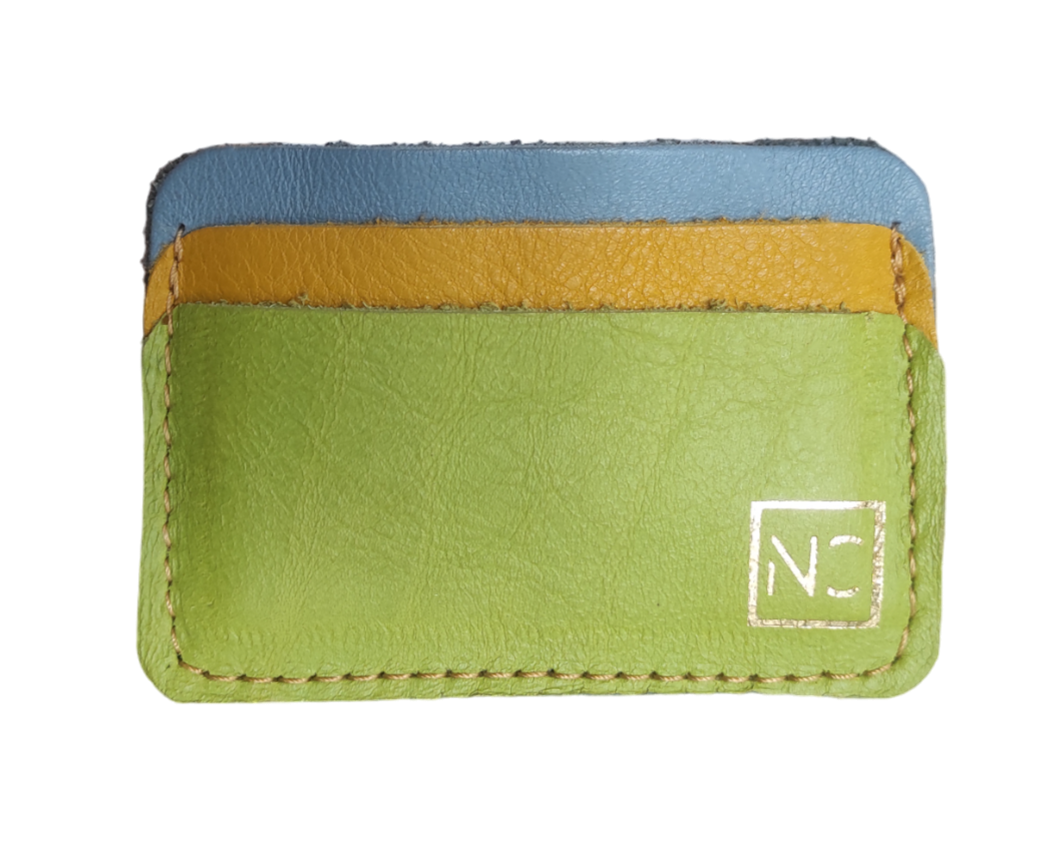 Ngozi Collection multicolour leather card holder with blue, mustard, and green panels