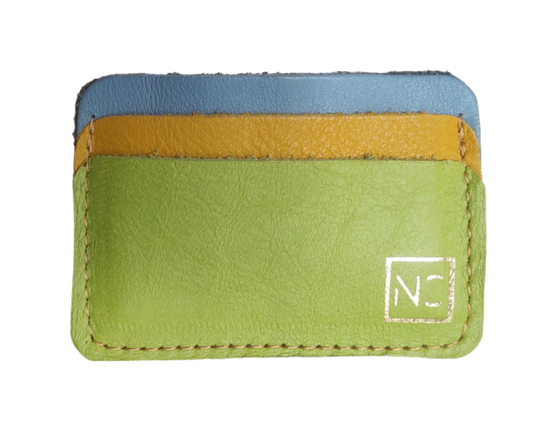 Ngozi Collection multicolour leather card holder with blue, mustard, and green panels