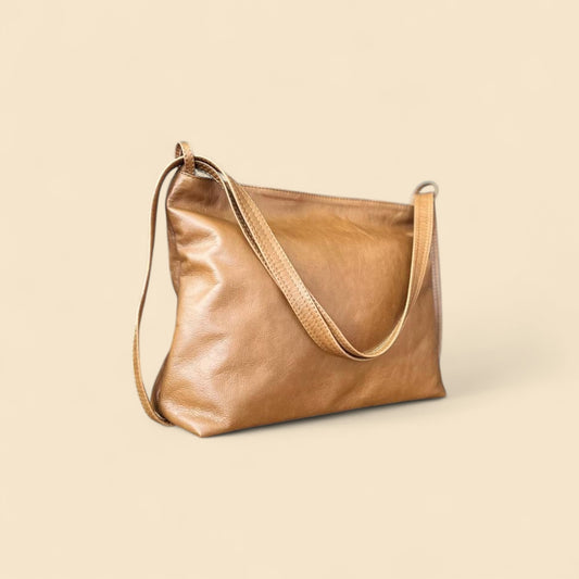 Ngozi Collection pecan tan leather slouch bag with adjustable strap