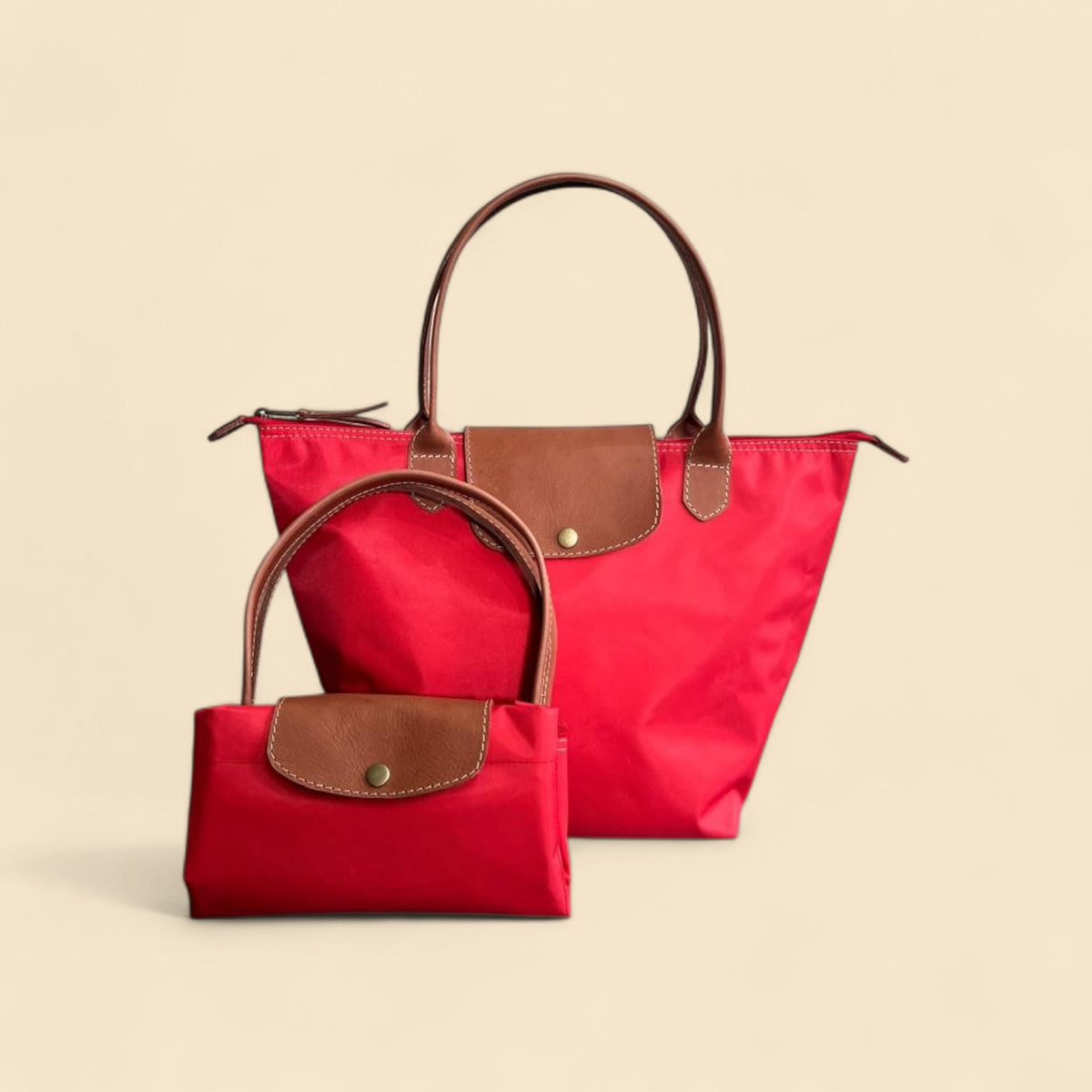 Ngozi Collection red nylon foldable shopper tote shown folded and open