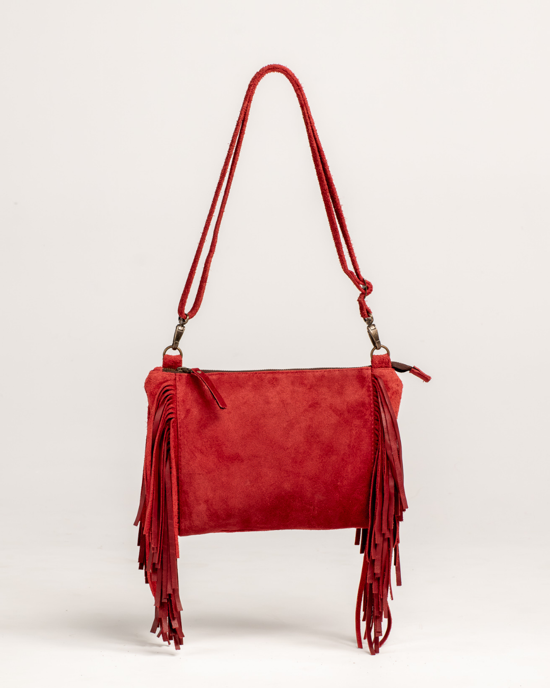 Ngozi Collection red suede fringe sling bag