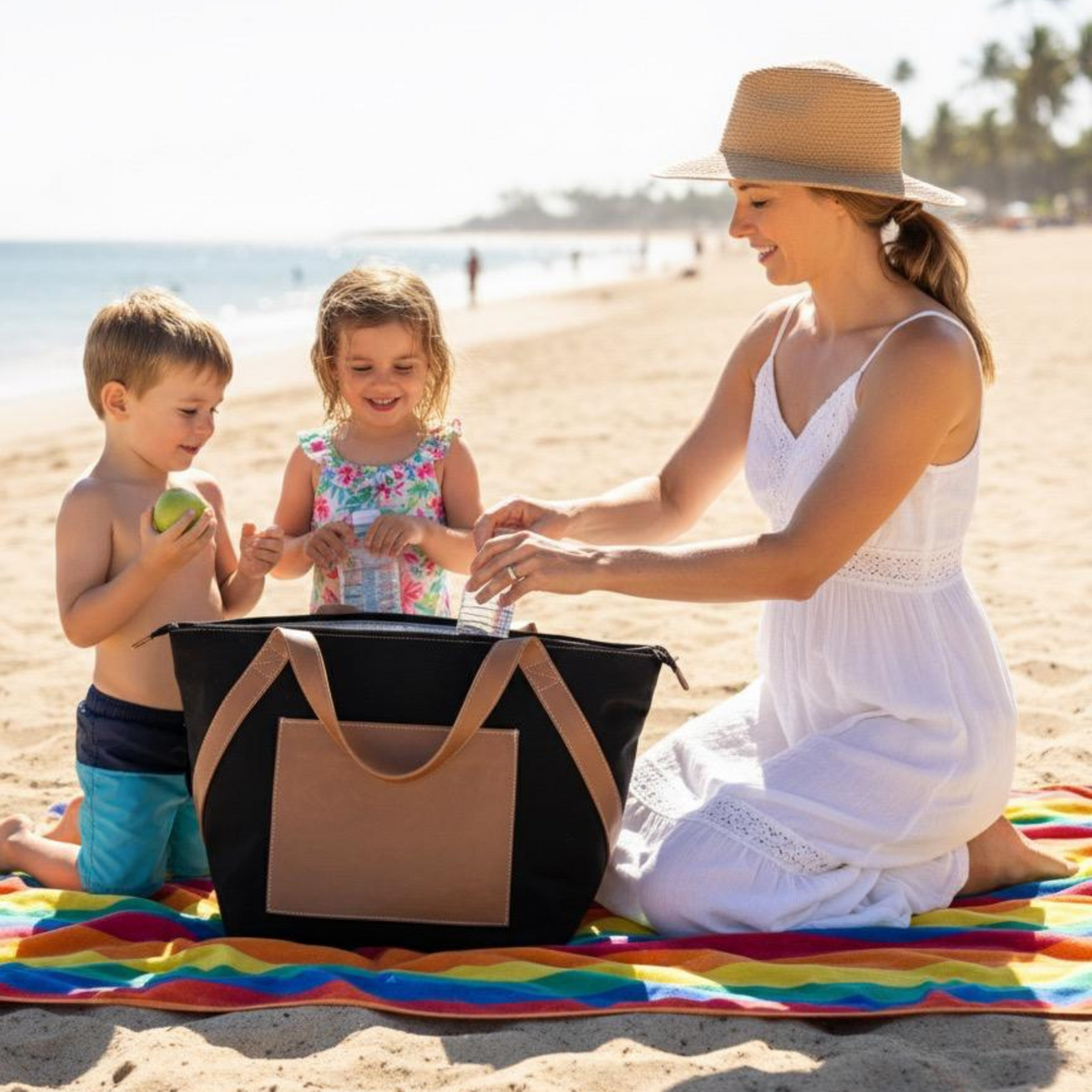 Ngozi Collection ripstop cooler bag on a beach picnic blanket