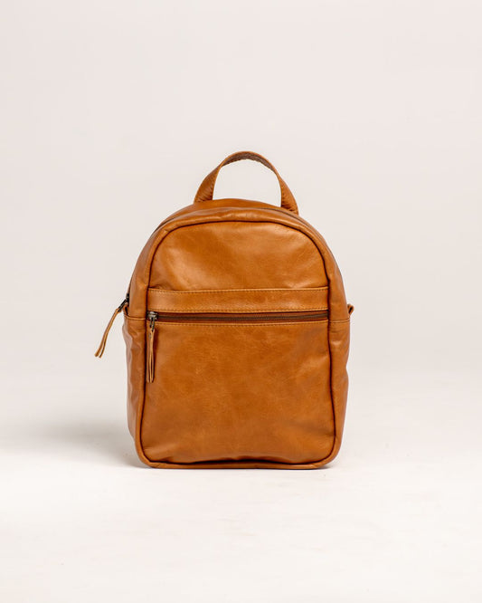 Ngozi Collection tan leather backpack with front zip pocket