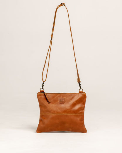Ngozi Collection tan leather crossbody bag with adjustable strap