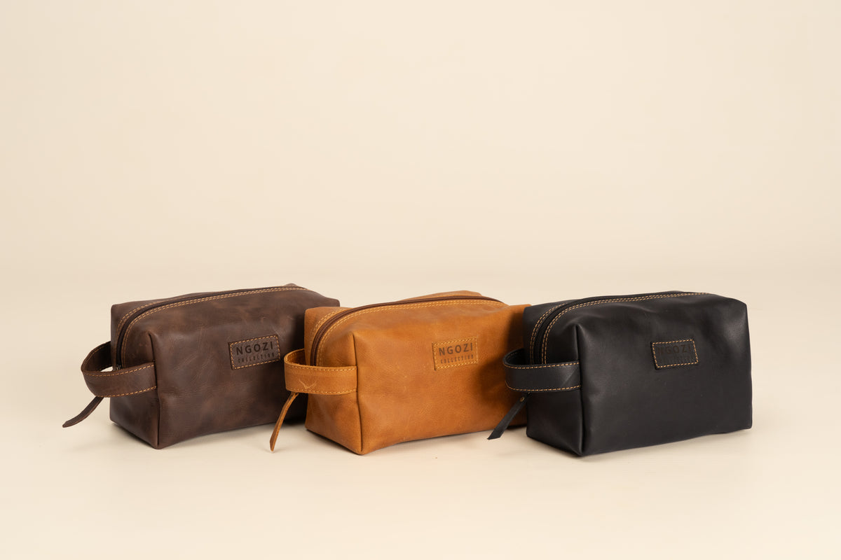 Ngozi Collection leather toiletry bags in chocolate, tan and black