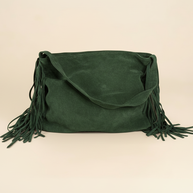 Green suede handbag with fringes on a beige background